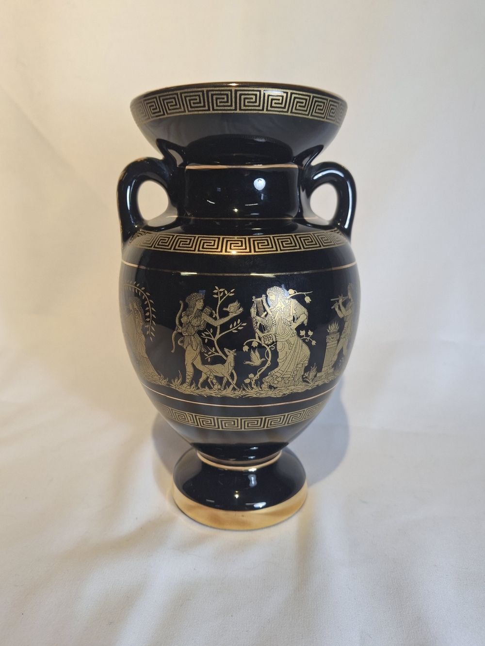 7" Tall, Adis, Made In GREECE. Urn Vase Black / 24K Gold, Mythology Imagery
